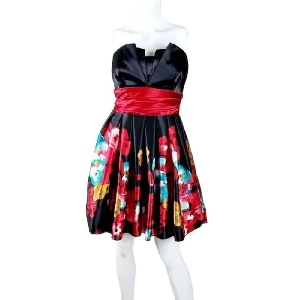 B. Darlin Floral Strapless Babydoll Mini Satin Dress Sz 8 Garden Party Glam